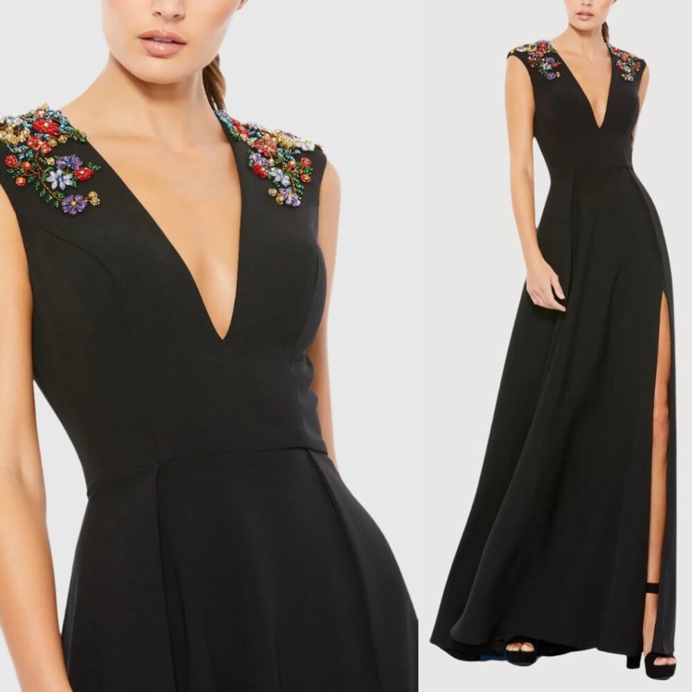 Mac Duggal Womens Size 6 Black Floral Beaded V-Neck A-Line Long Gown Maxi Dress